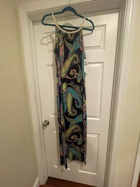 Nina Leonard Black Paisley Maxi Dress with Braided Neckline